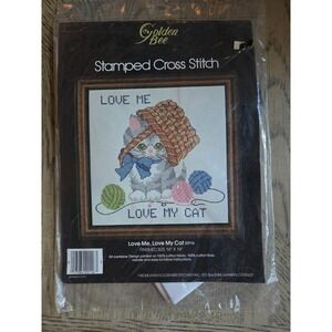 Golden Bee LOVE ME LOVE MY CAT 20116 Stamped Cross Stitch Kit Vintage 1983 NOS